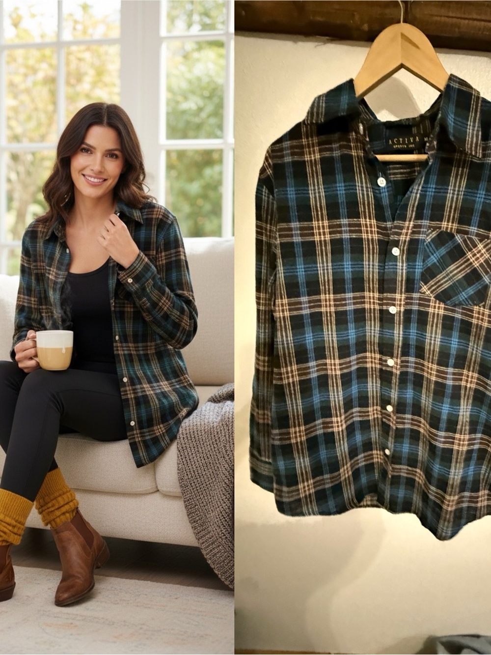 Activa Sports Inc Women’s Plaid Button Up Flannel Shirt Green Blue Size Medium